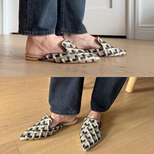 Schutz Navy/Black & Gold Geometric Mules – Size 8.5